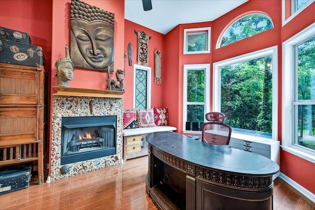 3508 Trillium Ct, Tallahassee, FL 32312 - interior space featuring wood finished floors, plenty of natural light, a lit fireplace, and vaulted ceiling