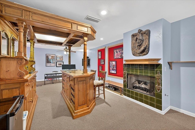 3508 Trillium Ct, Tallahassee, FL 32312 - bar area with a ceiling fan, light colored carpet, recessed lighting, and a tile fireplace