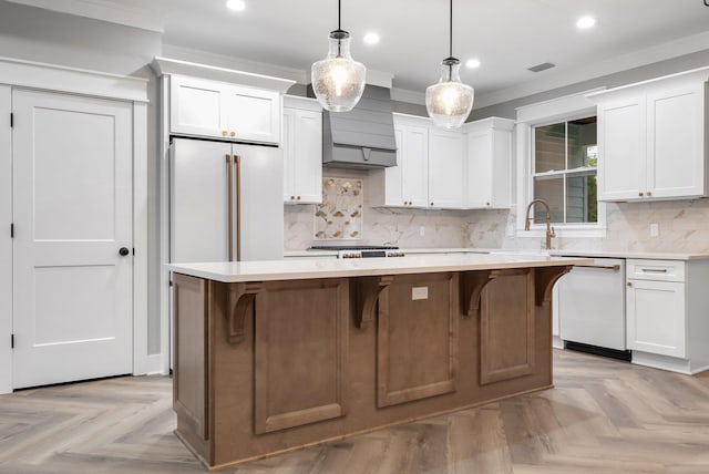 205 Fairway Dr, Havana, FL 32333 - kitchen featuring white appliances, ornamental molding, recessed lighting, a center island, and white cabinets