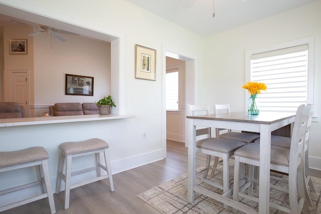 dining space featuring ceiling fan and light hardwood / wood-style floors