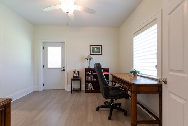 office area with ceiling fan and light hardwood / wood-style floors