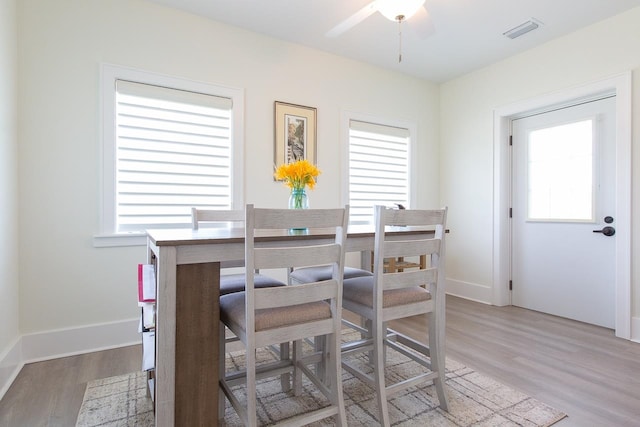 dining room with a wealth of natural light, ceiling fan, and light hardwood / wood-style floors