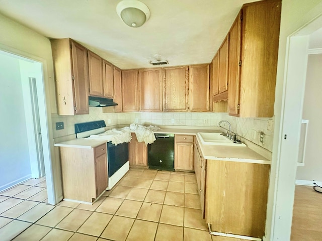 508 NE 3rd St, Havana, FL 32333 - kitchen featuring white range oven, black dishwasher, a sink, under cabinet range hood, and backsplash