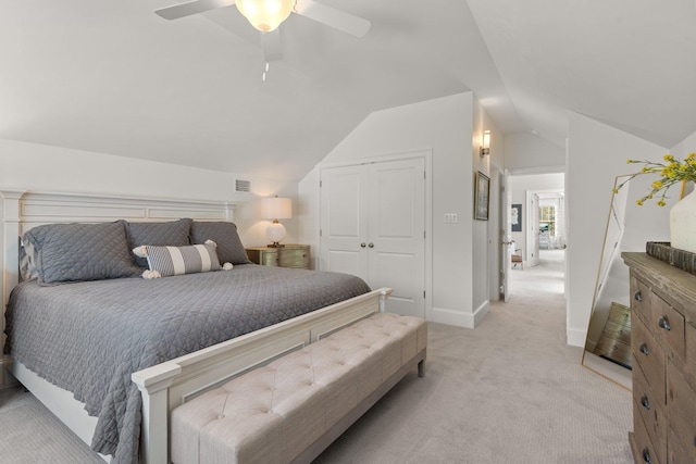 1216 Mitchell Ave, Tallahassee, FL 32303 - bedroom featuring lofted ceiling, visible vents, light carpet, baseboards, and ceiling fan