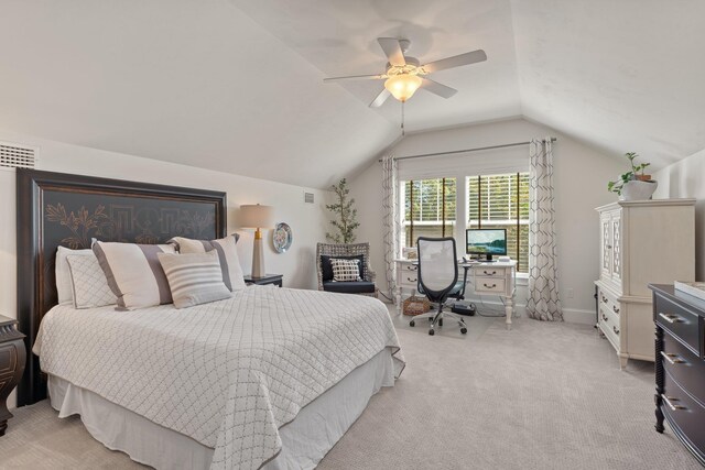 1216 Mitchell Ave, Tallahassee, FL 32303 - bedroom with vaulted ceiling, a ceiling fan, light colored carpet, baseboards, and visible vents