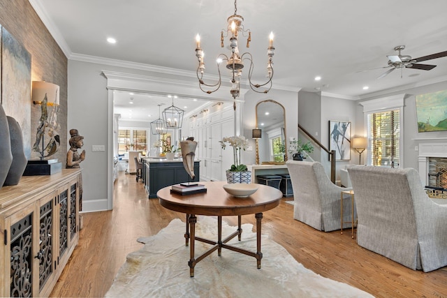 1216 Mitchell Ave, Tallahassee, FL 32303 - living area with light wood-type flooring, a warm lit fireplace, crown molding, and a healthy amount of sunlight