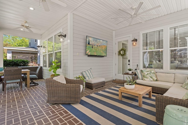 1216 Mitchell Ave, Tallahassee, FL 32303 - sunroom / solarium featuring ceiling fan, an outdoor hangout area, and outdoor dining space