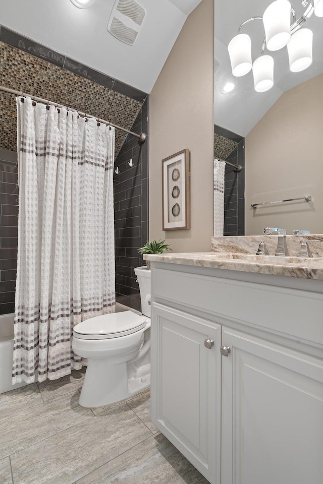 1216 Mitchell Ave, Tallahassee, FL 32303 - full bath featuring vaulted ceiling, vanity, shower / bathtub combination with curtain, toilet, and visible vents