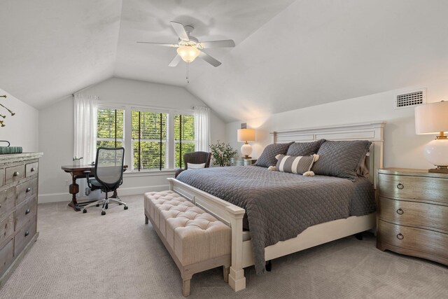 1216 Mitchell Ave, Tallahassee, FL 32303 - bedroom featuring a ceiling fan, light carpet, baseboards, lofted ceiling, and visible vents