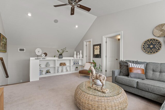 1216 Mitchell Ave, Tallahassee, FL 32303 - carpeted living room featuring lofted ceiling, visible vents, baseboards, and ceiling fan
