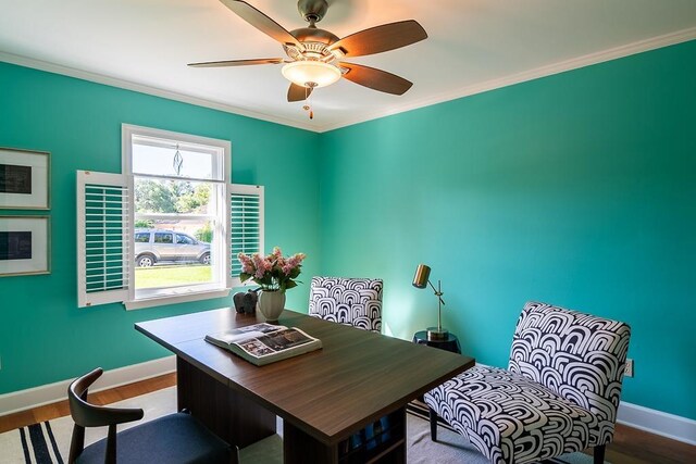 696 Lupine Ln, Tallahassee, FL 32308 - home office featuring ceiling fan, crown molding, and wood finished floors