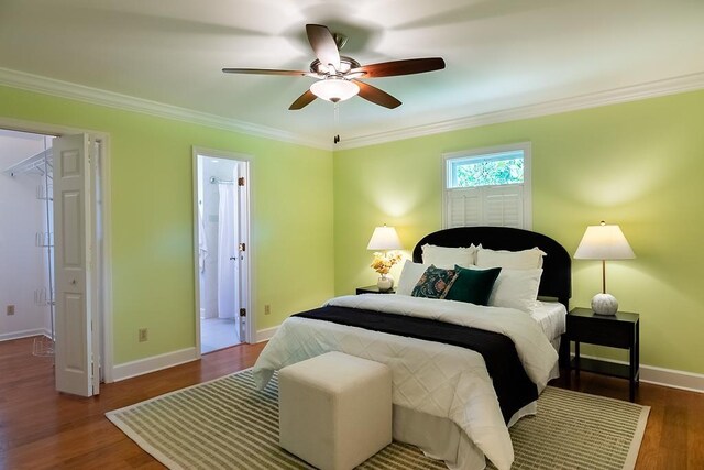 696 Lupine Ln, Tallahassee, FL 32308 - bedroom with ornamental molding, wood finished floors, ceiling fan, and connected bathroom