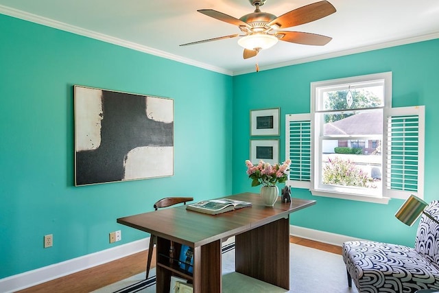 696 Lupine Ln, Tallahassee, FL 32308 - home office featuring crown molding, ceiling fan, and wood finished floors