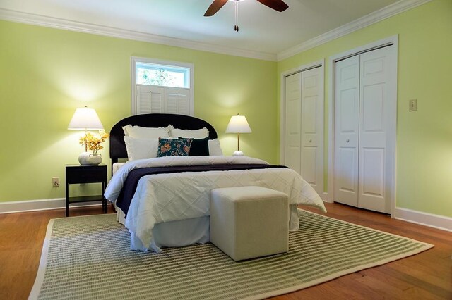 696 Lupine Ln, Tallahassee, FL 32308 - bedroom featuring crown molding, multiple closets, wood finished floors, and ceiling fan