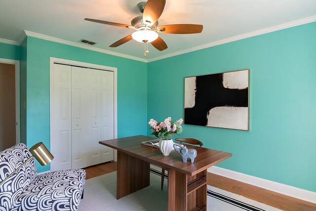 696 Lupine Ln, Tallahassee, FL 32308 - office featuring wood finished floors, ceiling fan, and ornamental molding