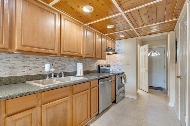 kitchen with tasteful backsplash, sink, light tile patterned floors, wood ceiling, and stainless steel appliances