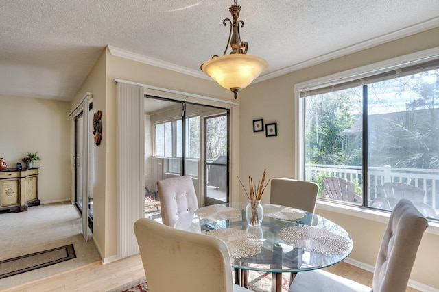 dining area with plenty of natural light, light hardwood / wood-style floors, and a textured ceiling