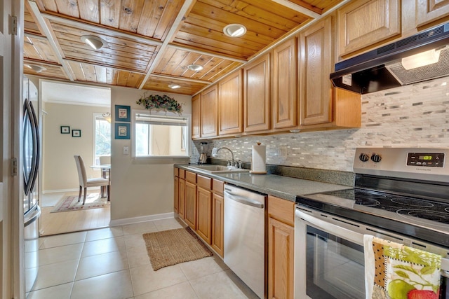 kitchen featuring sink, backsplash, light tile patterned floors, stainless steel appliances, and wooden ceiling