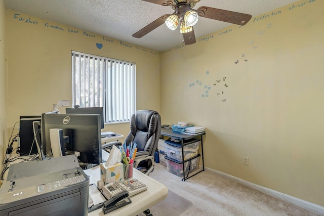 office with ceiling fan, light colored carpet, and a textured ceiling