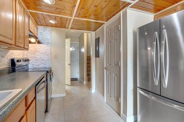 kitchen with light brown cabinetry, wood ceiling, light tile patterned floors, stainless steel appliances, and backsplash