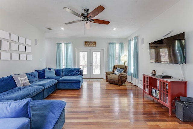 10446 Rose Rd, Tallahassee, FL 32311 - living area featuring light wood-style flooring, visible vents, recessed lighting, a ceiling fan, and french doors