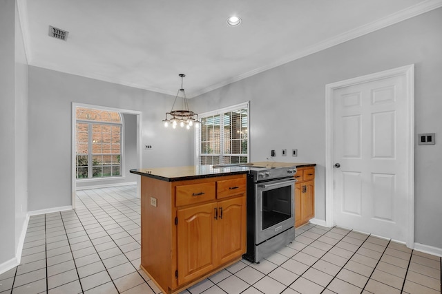 4012 Dutchess Ct, Tallahassee, FL 32309 - kitchen featuring stainless steel electric range, light tile patterned floors, a peninsula, healthy amount of natural light, and ornamental molding
