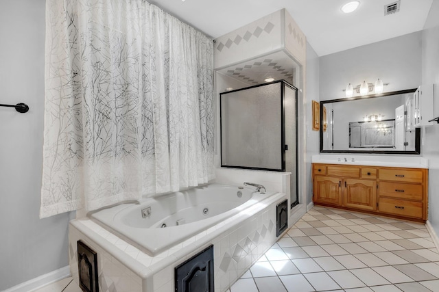 4012 Dutchess Ct, Tallahassee, FL 32309 - bathroom featuring a shower stall, a whirlpool tub, vanity, and tile patterned flooring