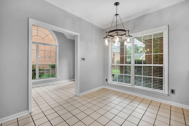 4012 Dutchess Ct, Tallahassee, FL 32309 - unfurnished dining area featuring a chandelier, light tile patterned floors, and ornamental molding