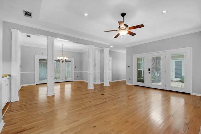 4012 Dutchess Ct, Tallahassee, FL 32309 - unfurnished living room with decorative columns, plenty of natural light, light wood finished floors, recessed lighting, and crown molding
