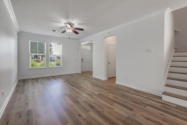 4312 Four Oaks Blvd, Tallahassee, FL 32311 - unfurnished living room featuring a ceiling fan, crown molding, stairs, and wood finished floors
