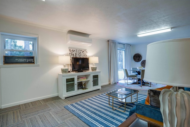 living room with a wall mounted air conditioner and a textured ceiling