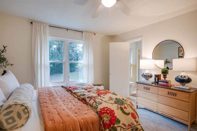 bedroom with ceiling fan and carpet floors