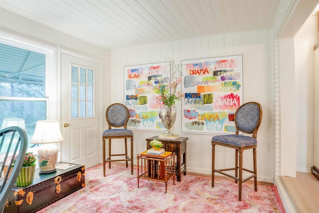 living area with wood ceiling