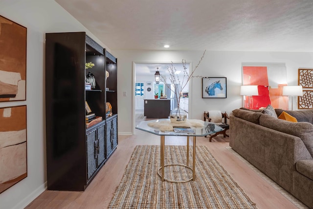 living room with a textured ceiling and light wood-type flooring