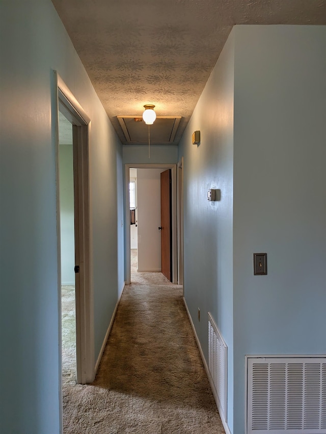 hall with carpet floors and a textured ceiling