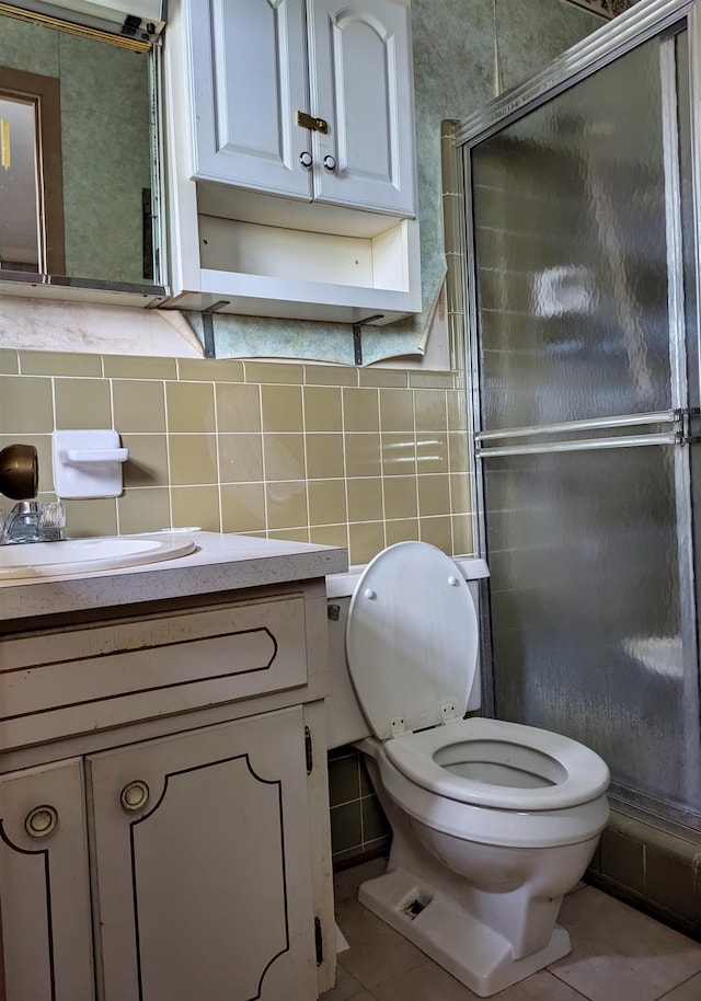 bathroom featuring tile walls, walk in shower, tile patterned floors, and backsplash