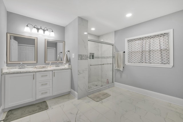 bathroom featuring vanity and walk in shower
