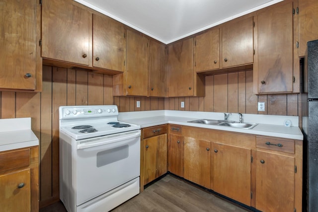kitchen featuring electric range, dark hardwood / wood-style floors, sink, and wooden walls