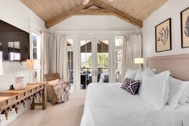 bedroom with french doors, wood ceiling, lofted ceiling with beams, and access to outside