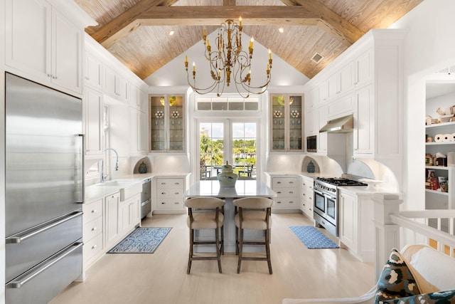 kitchen featuring high end appliances, beam ceiling, white cabinets, and wood ceiling