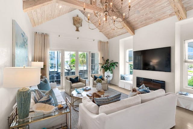 living room featuring plenty of natural light and beam ceiling