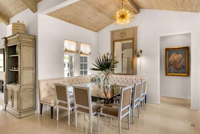 dining space featuring wood ceiling, an inviting chandelier, and lofted ceiling with beams