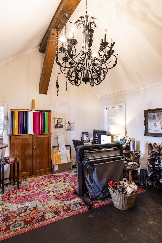 office with a notable chandelier, crown molding, lofted ceiling with beams, and wood finished floors