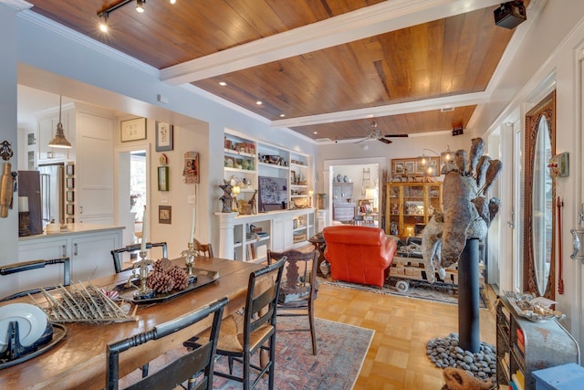 dining area with beam ceiling, a ceiling fan, and wood ceiling