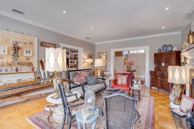 living room with crown molding, recessed lighting, and visible vents
