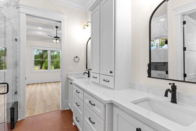 3235 Magazine Cir, Tallahassee, FL 32312 - full bathroom featuring crown molding, a ceiling fan, healthy amount of natural light, double vanity, and tile patterned floors
