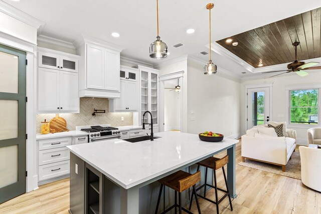 3235 Magazine Cir, Tallahassee, FL 32312 - kitchen with a sink, a ceiling fan, high end stainless steel range oven, open floor plan, and ornamental molding