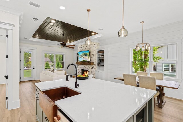 3235 Magazine Cir, Tallahassee, FL 32312 - kitchen featuring a tray ceiling, a sink, light wood-style flooring, open floor plan, and recessed lighting