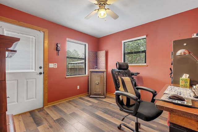 office featuring ceiling fan and wood-type flooring