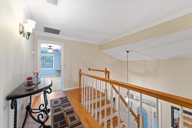 corridor featuring crown molding and light wood-type flooring